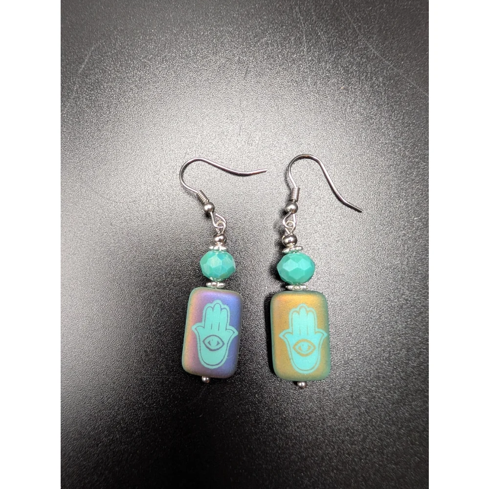 Iridescent Czech Glass Hamsa Dangle Earrings: Stainless Steel Hooks
